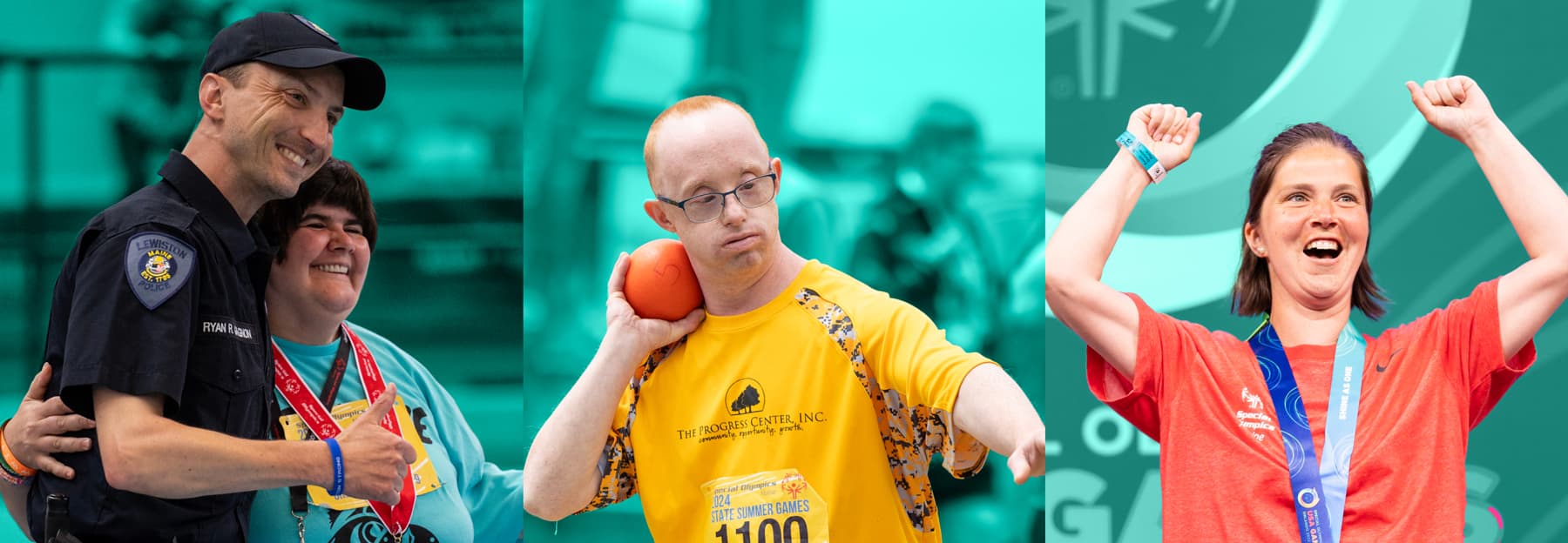 Special Olympics Maine. Medal recipients on podium. Shot put action.